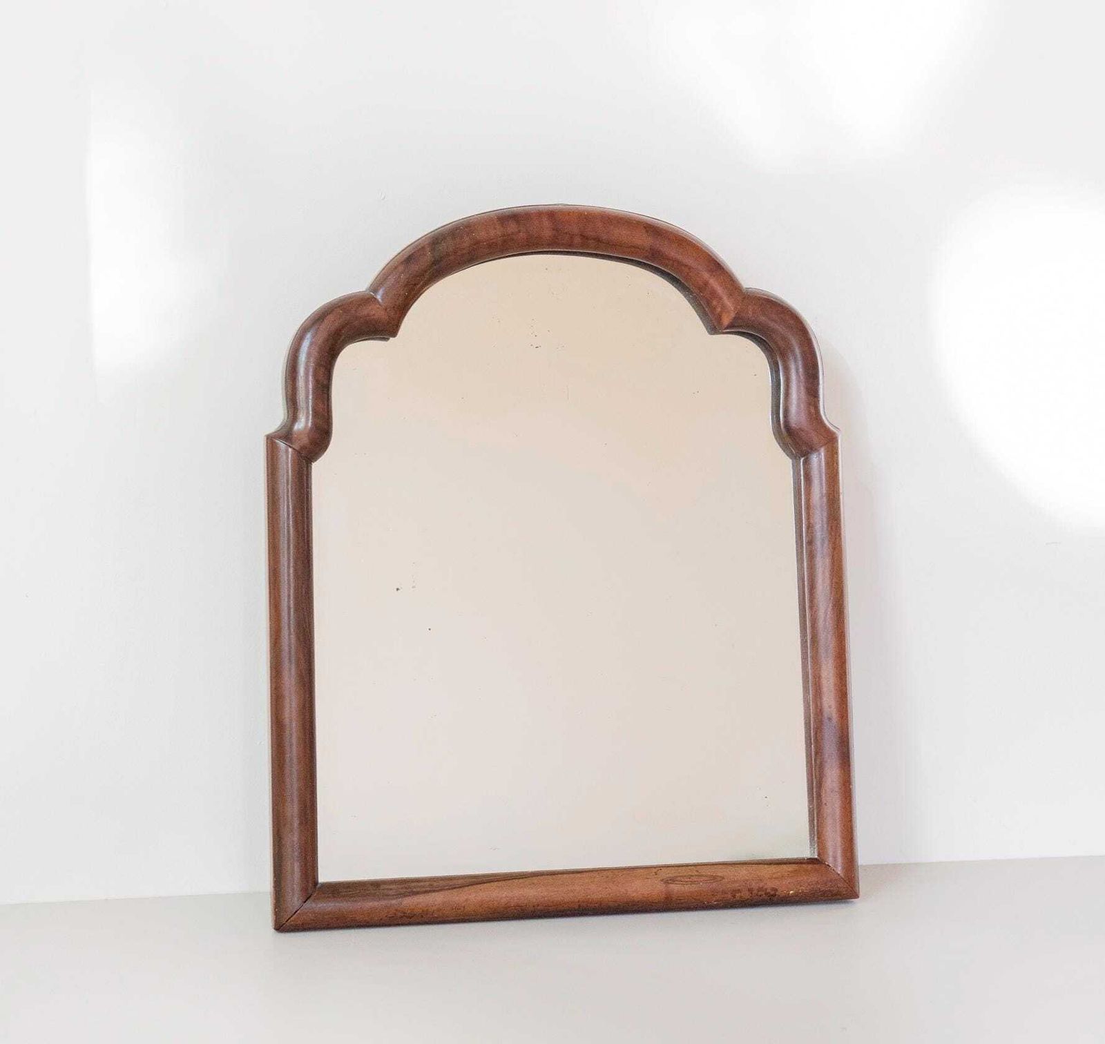 Antique Dutch Arched Wall Mirror   Scalloped Mahogany Wooden Frame   Small Art Nouveau Mirror   Early 1900s