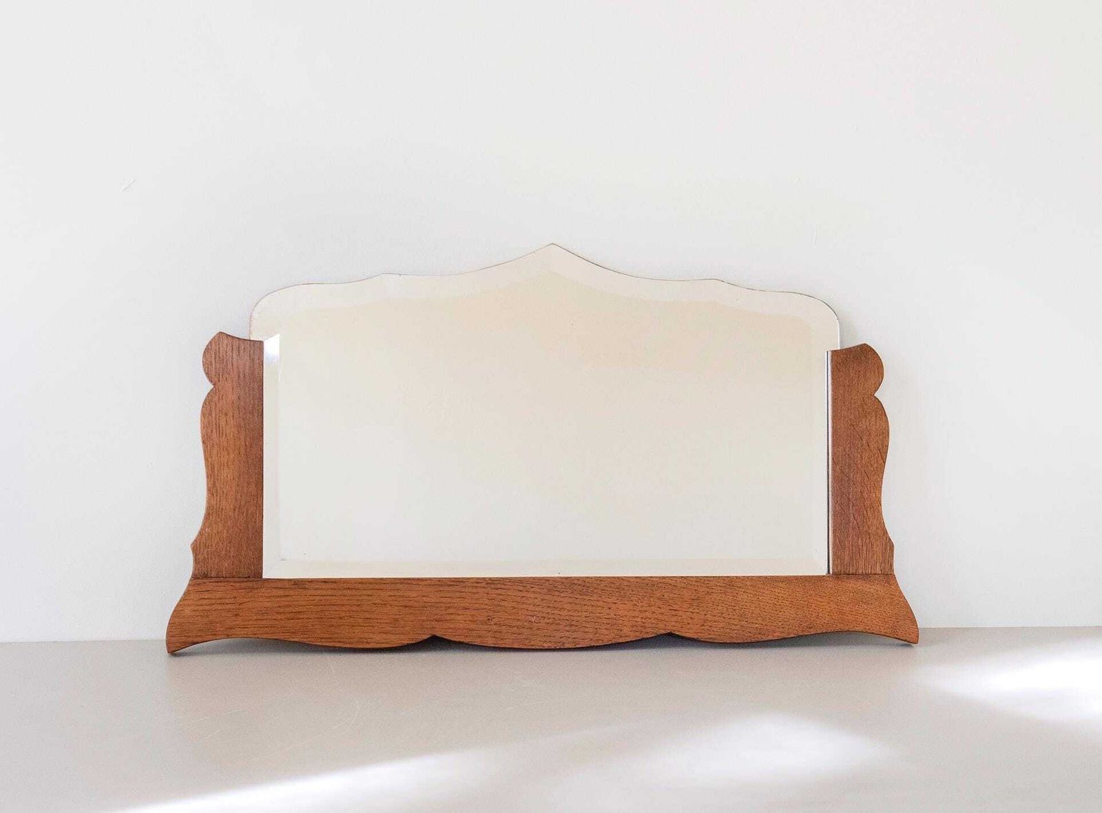 Antique Art Deco Frameless Wall Mirror   Dutch Beveled Glass Mirror   Scalloped Oak Frame