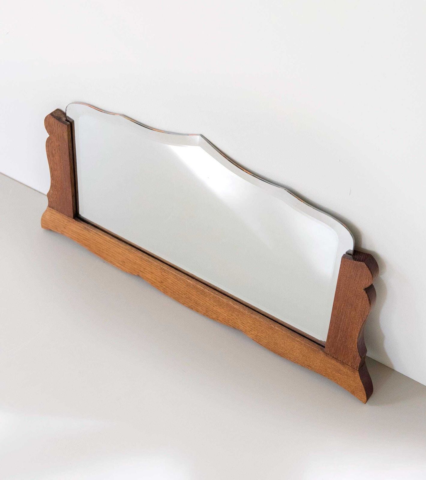 Antique Art Deco Frameless Wall Mirror   Dutch Beveled Glass Mirror   Scalloped Oak Frame photo vinterior