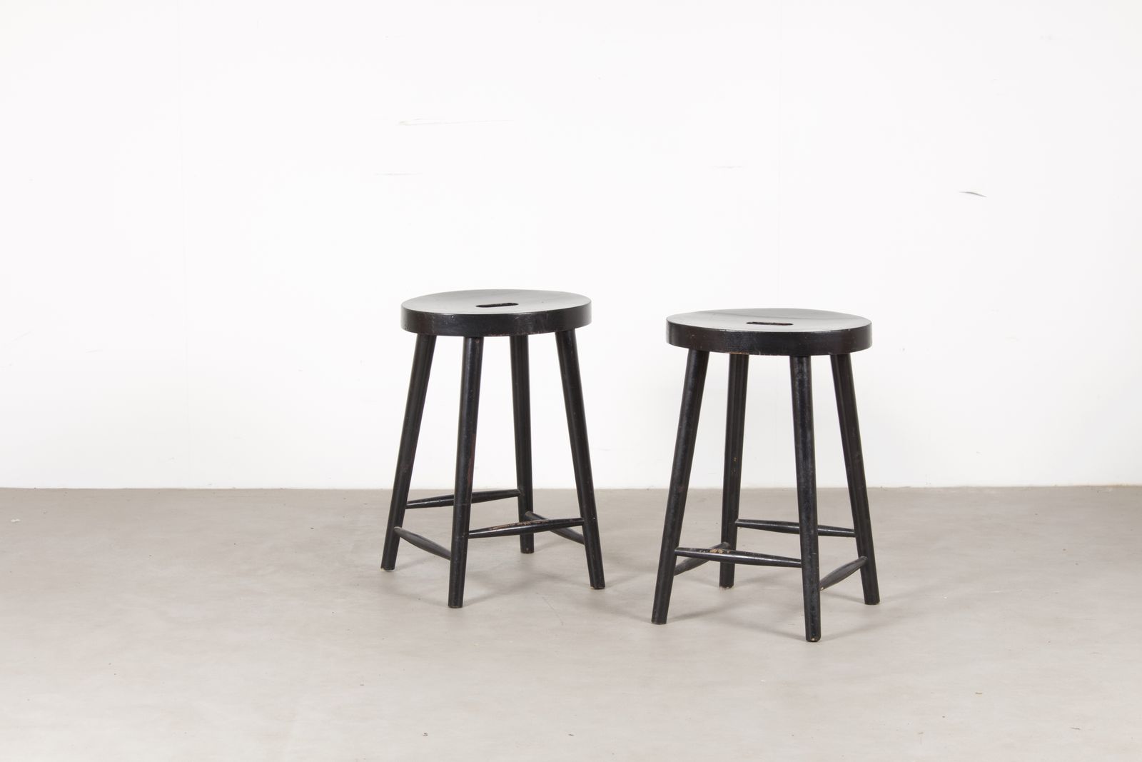 Set Of 2 Black Vintage Oak Stools, Germany 1960s photo vintage