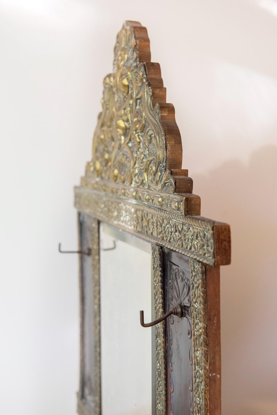Antique Dutch Brass Wall Mirror With Hooks   1900s Repoussé Hallway Mirror   Beveled Glass photo buy