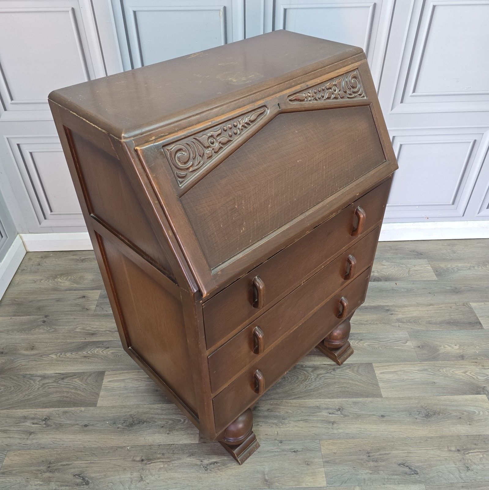 Vintage Jentique Writing Bureau Oak 3 Drawer Chest Fall Front Desk Retro Wood photo furniture