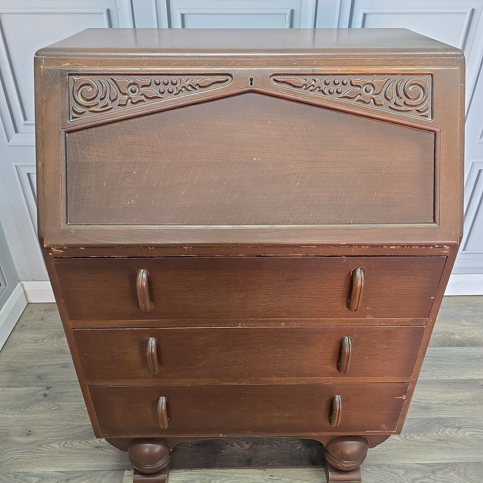 Vintage Jentique Writing Bureau Oak 3 Drawer Chest Fall Front Desk Retro Wood photo vinterior