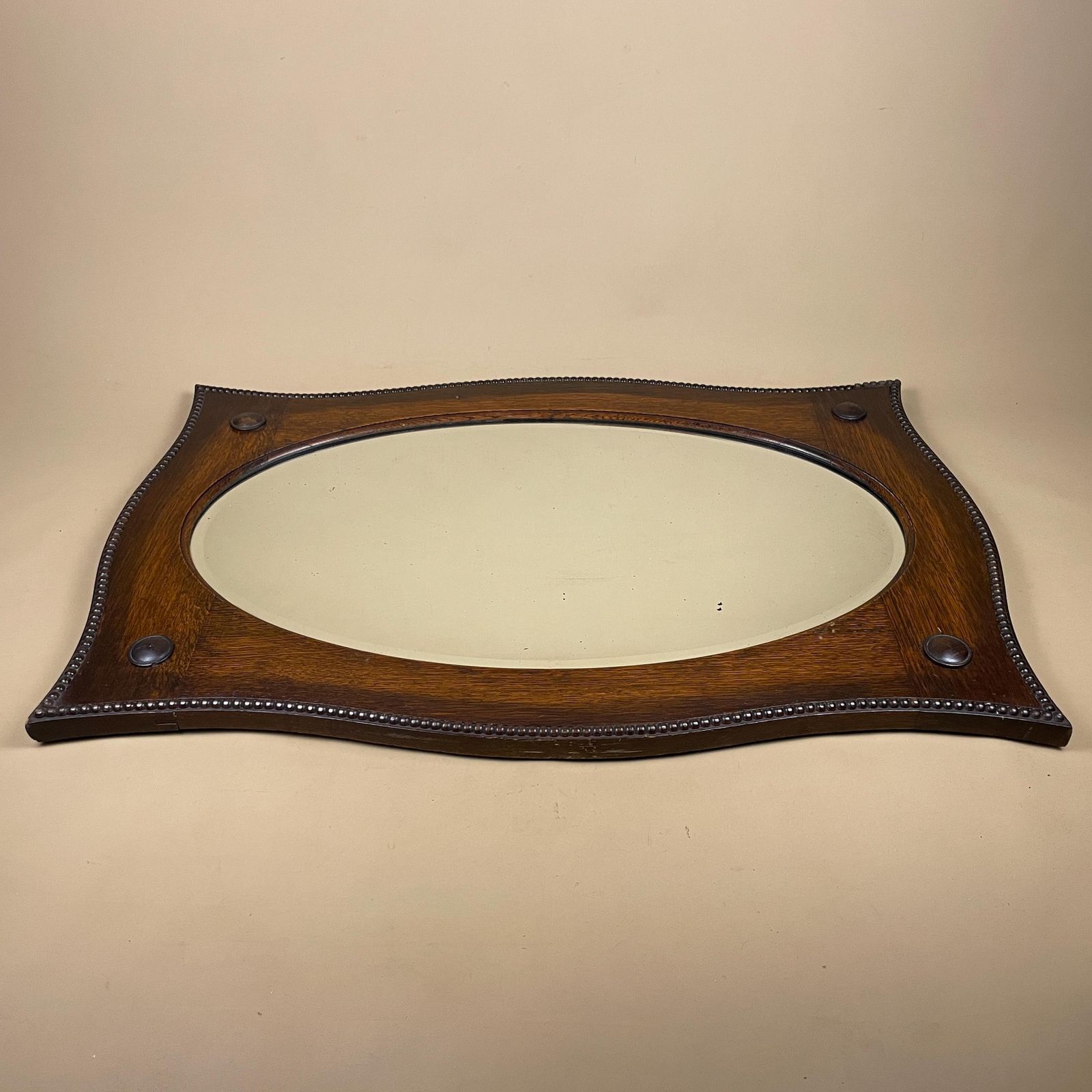 Antique Oak Wall Mirror, Oval Bevelled Glass, Edwardian Beaded Frame, Large Horizontal Overmantle, English Country House Decor photo furniture