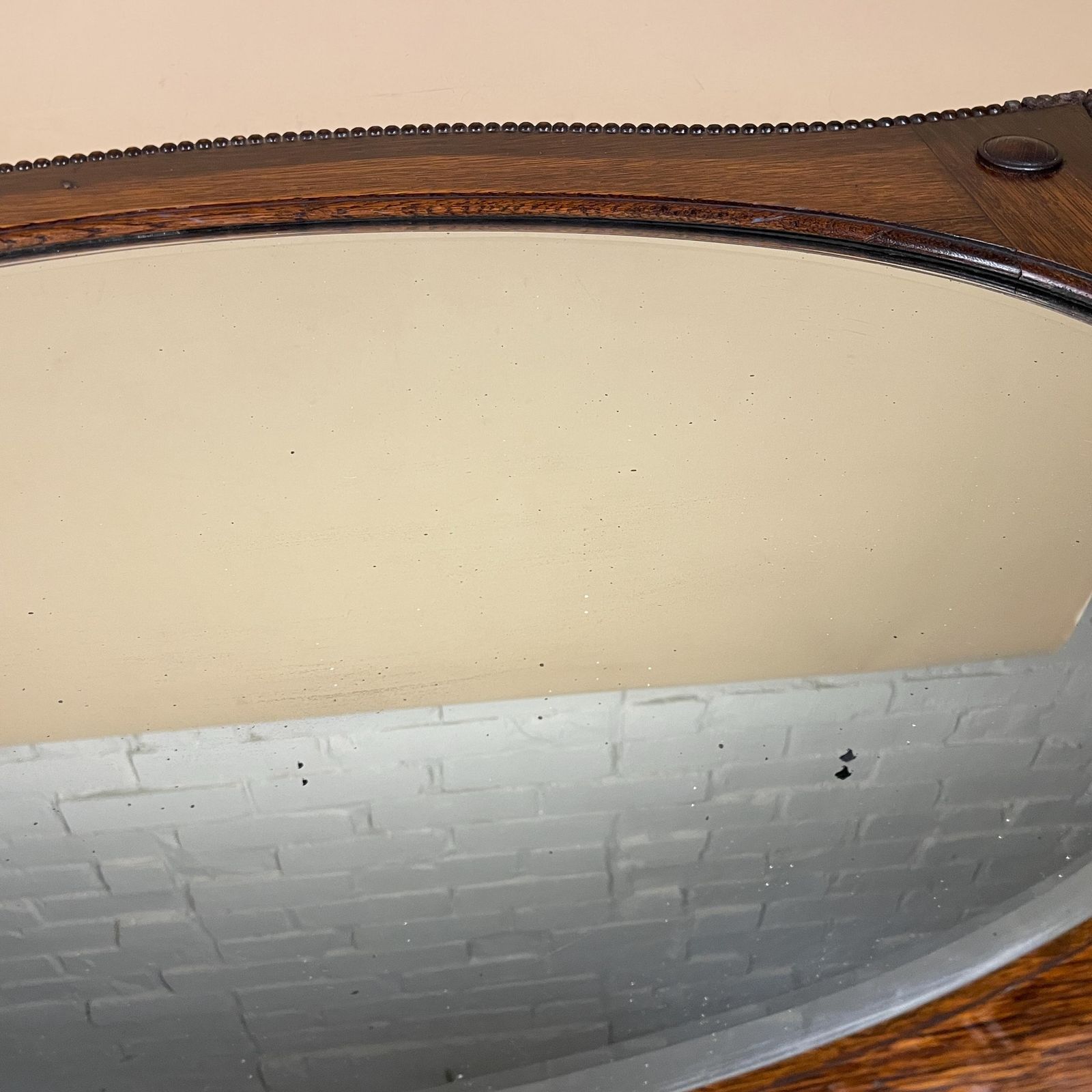 Antique Oak Wall Mirror, Oval Bevelled Glass, Edwardian Beaded Frame, Large Horizontal Overmantle, English Country House Decor photo 165.0