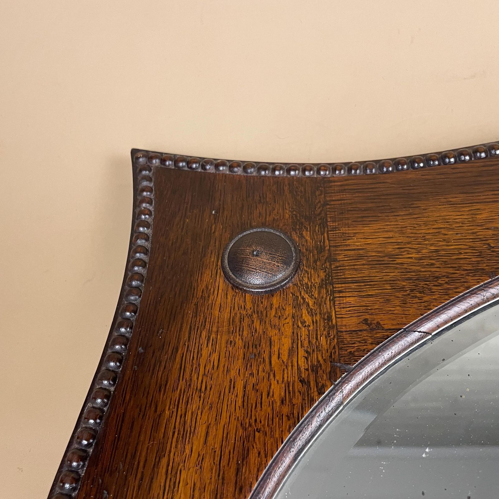 165.0 Antique Oak Wall Mirror, Oval Bevelled Glass, Edwardian Beaded Frame, Large Horizontal Overmantle, English Country House Decor photo