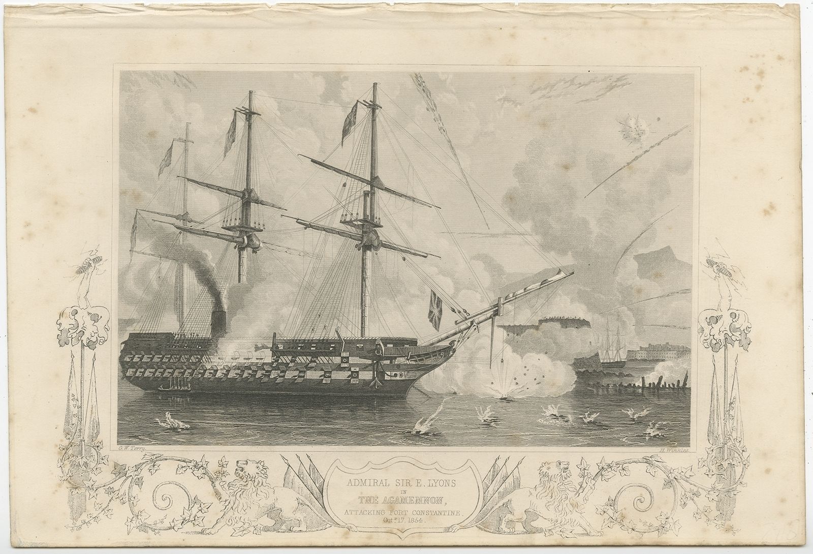 Antique Print Of The Attack On Fort Constantine By Tyrrell (1858)