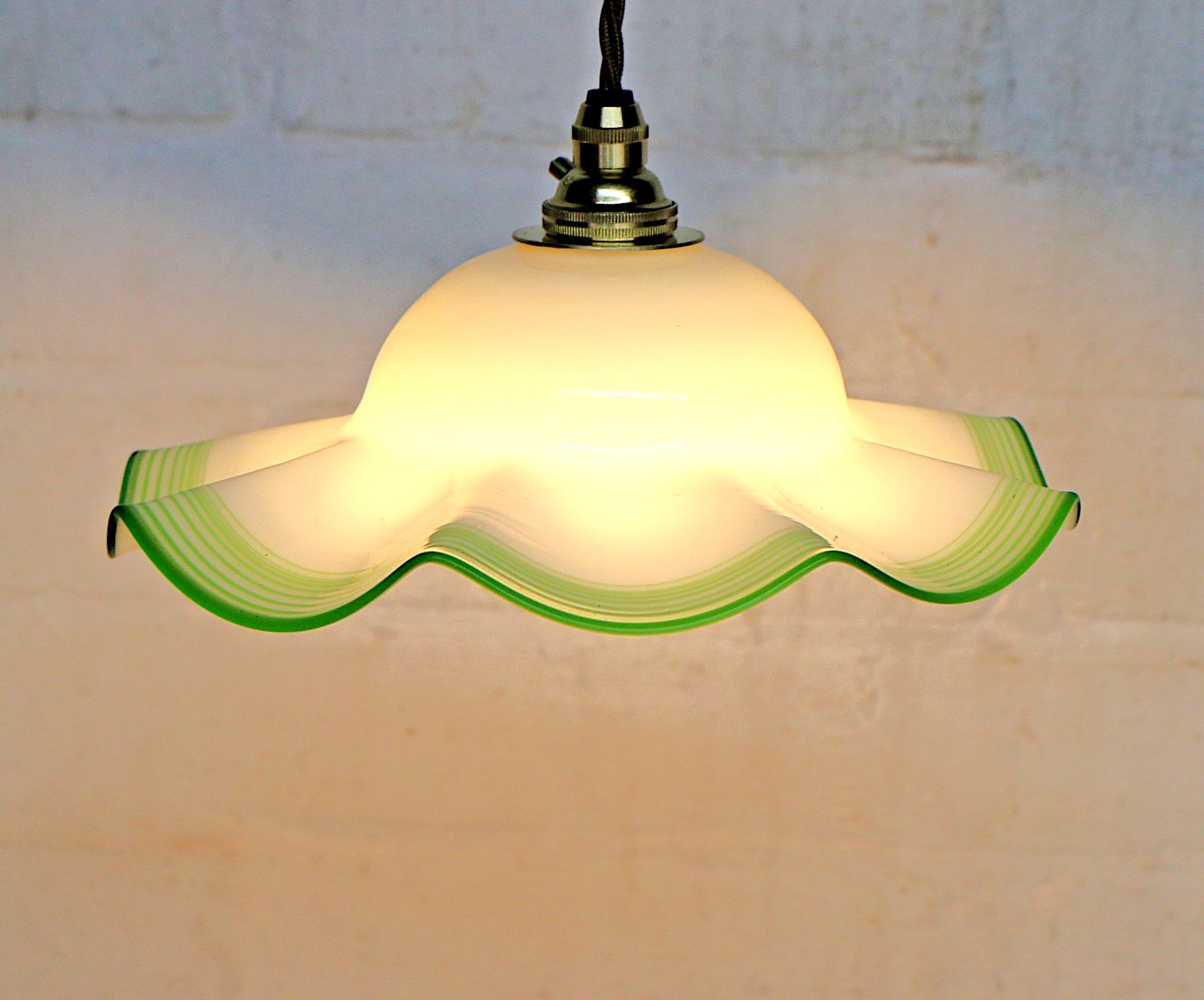 Vintage Ceiling Light Small Edwardian Milk Glass Pendant Lined Lime Green Rim photo furniture
