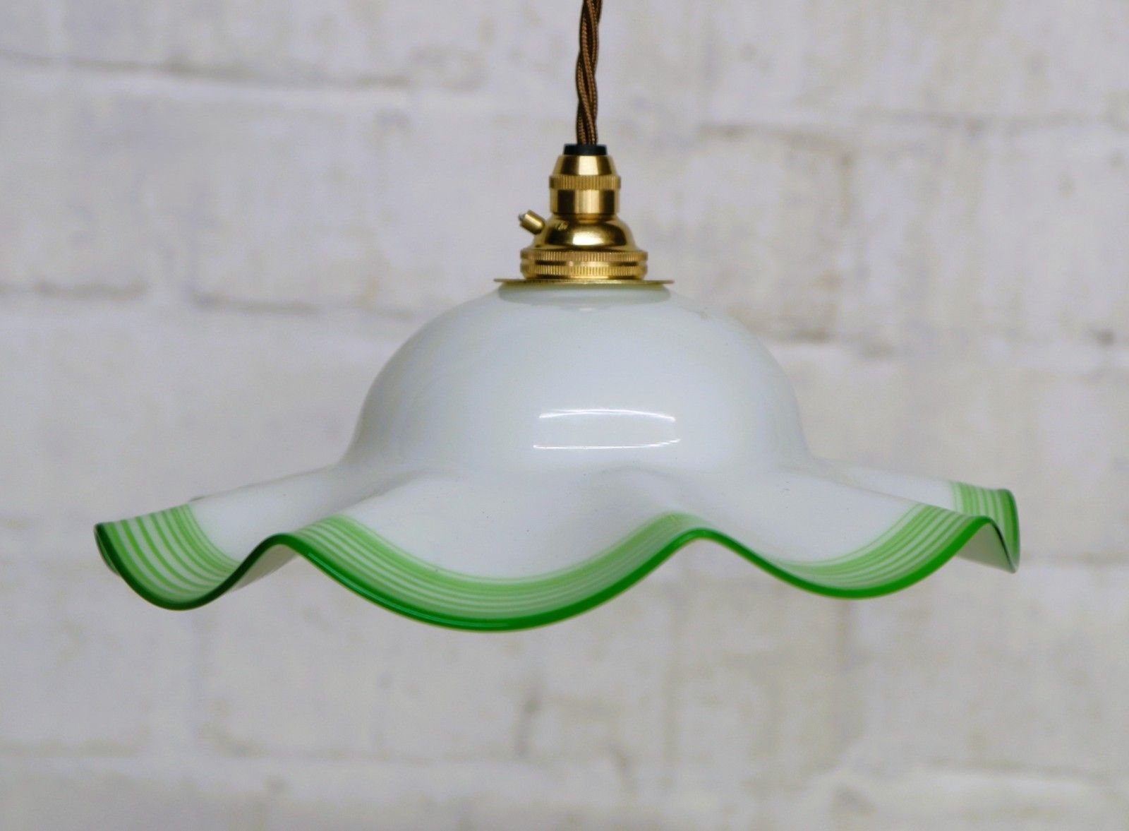 Vintage Ceiling Light Small Edwardian Milk Glass Pendant Lined Lime Green Rim photo Lighting