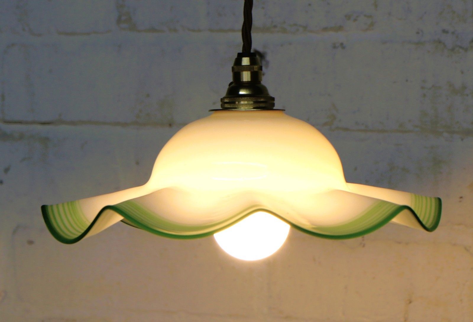 Vintage Ceiling Light Small Edwardian Milk Glass Pendant Lined Lime Green Rim photo buy