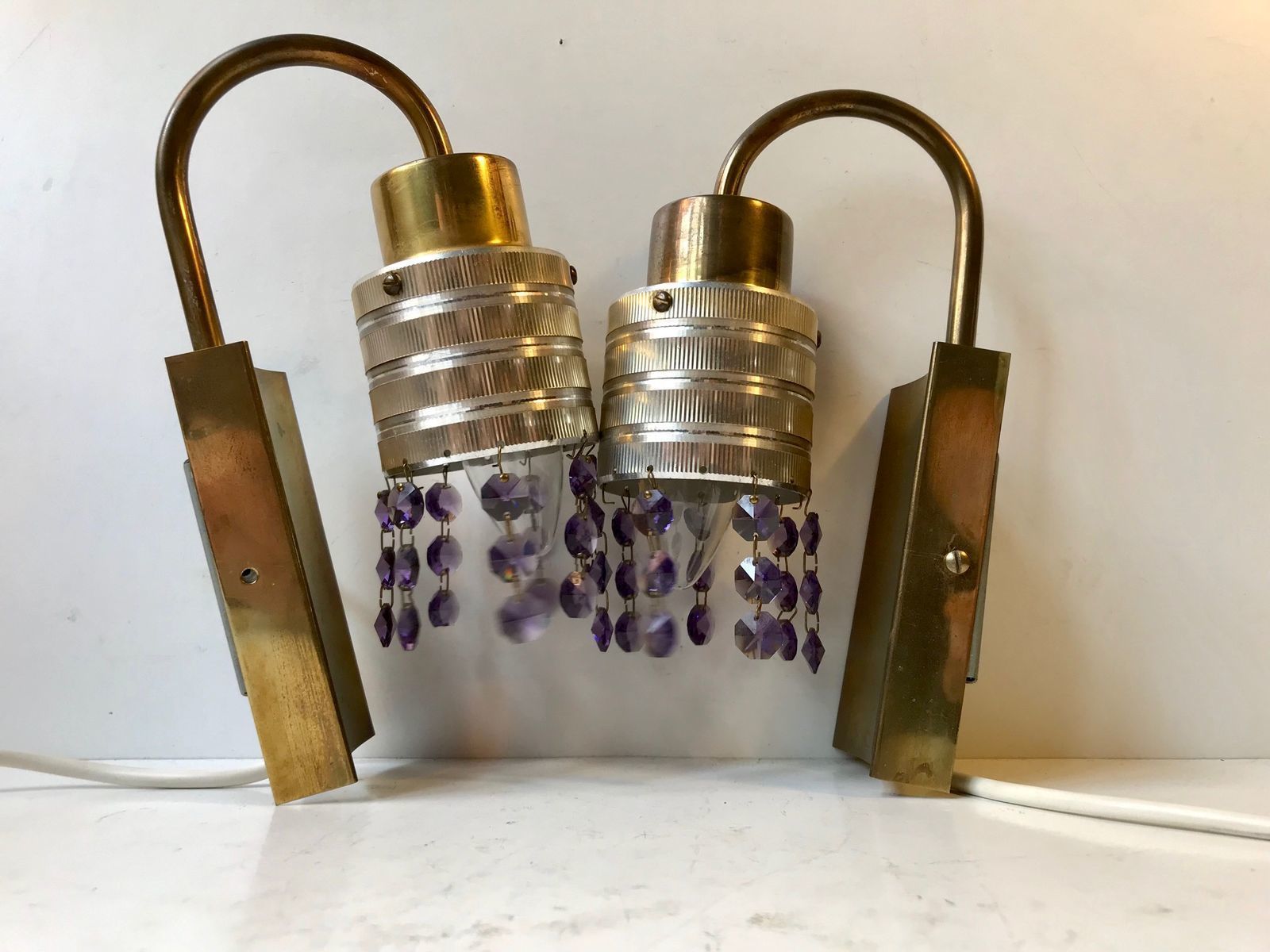 Scandinavian Brass & Crystal Modern Prism Wall Lights, 1960s, Set Of 2