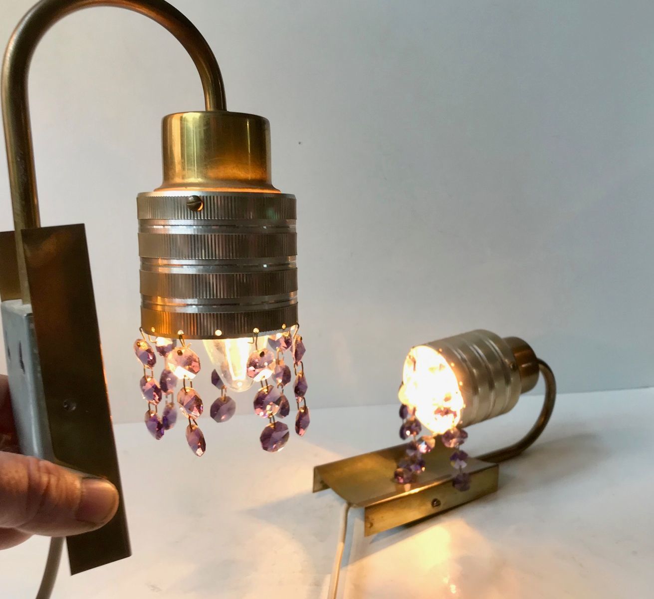 Scandinavian Brass & Crystal Modern Prism Wall Lights, 1960s, Set Of 2 photo furniture