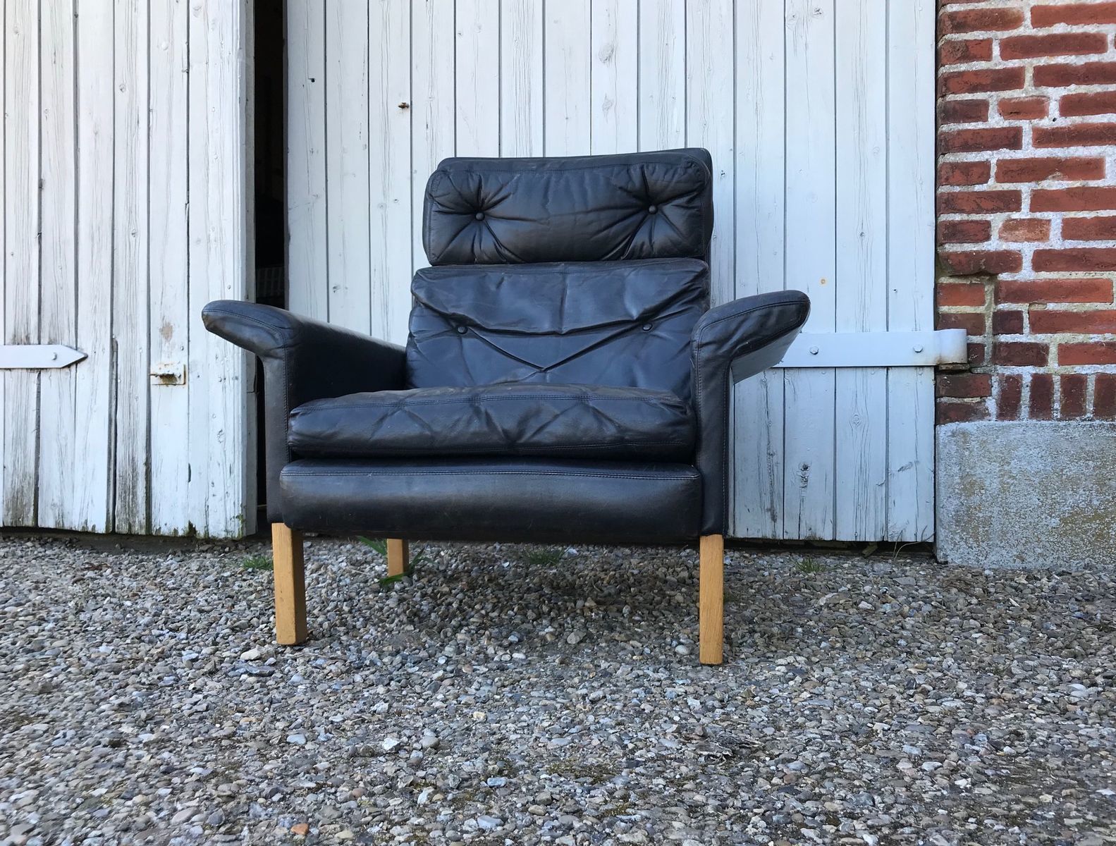 Mid Century Black Leather Highback Lounge Chair By Hans Olsen For Cs Mobelfabrik, 1960s photo for sale