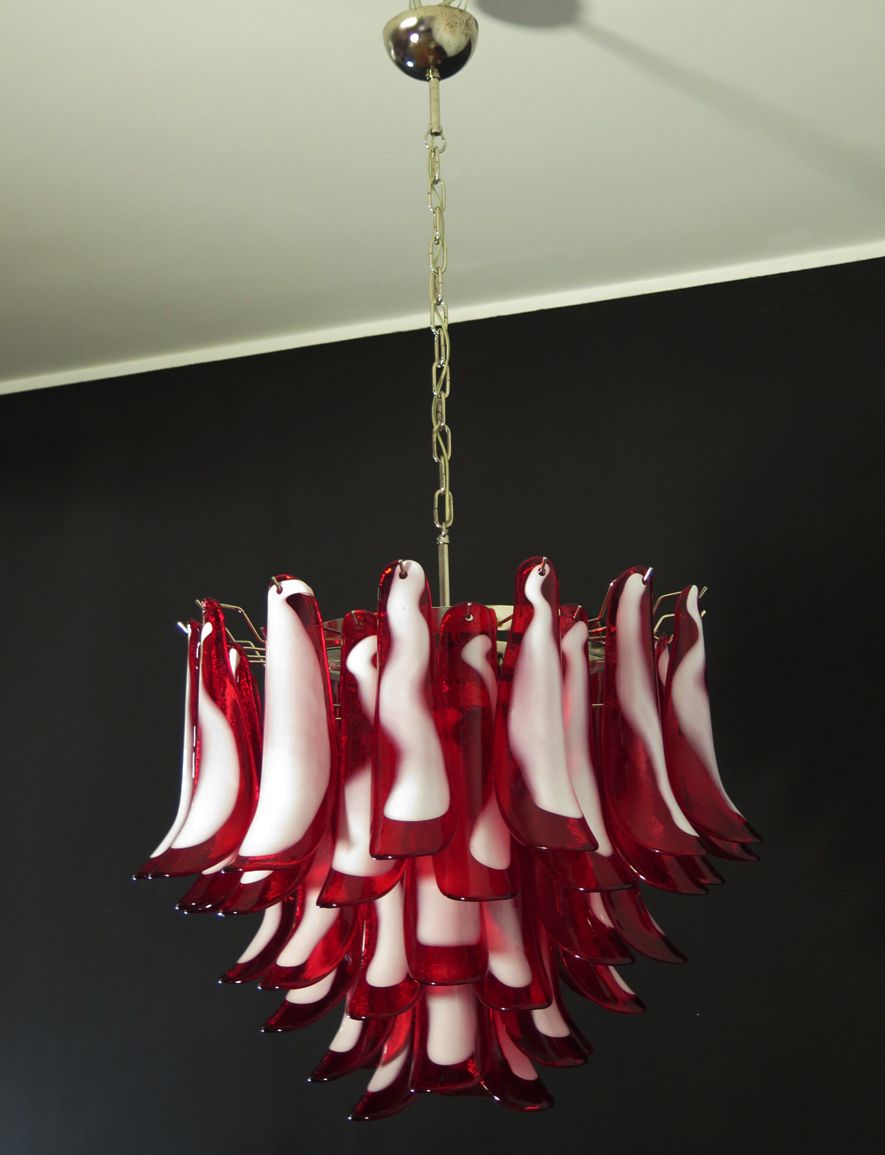 Italian Vintage Murano Chandelier   Mazzega   53 Red Lattimo Glass Petals photo vintage