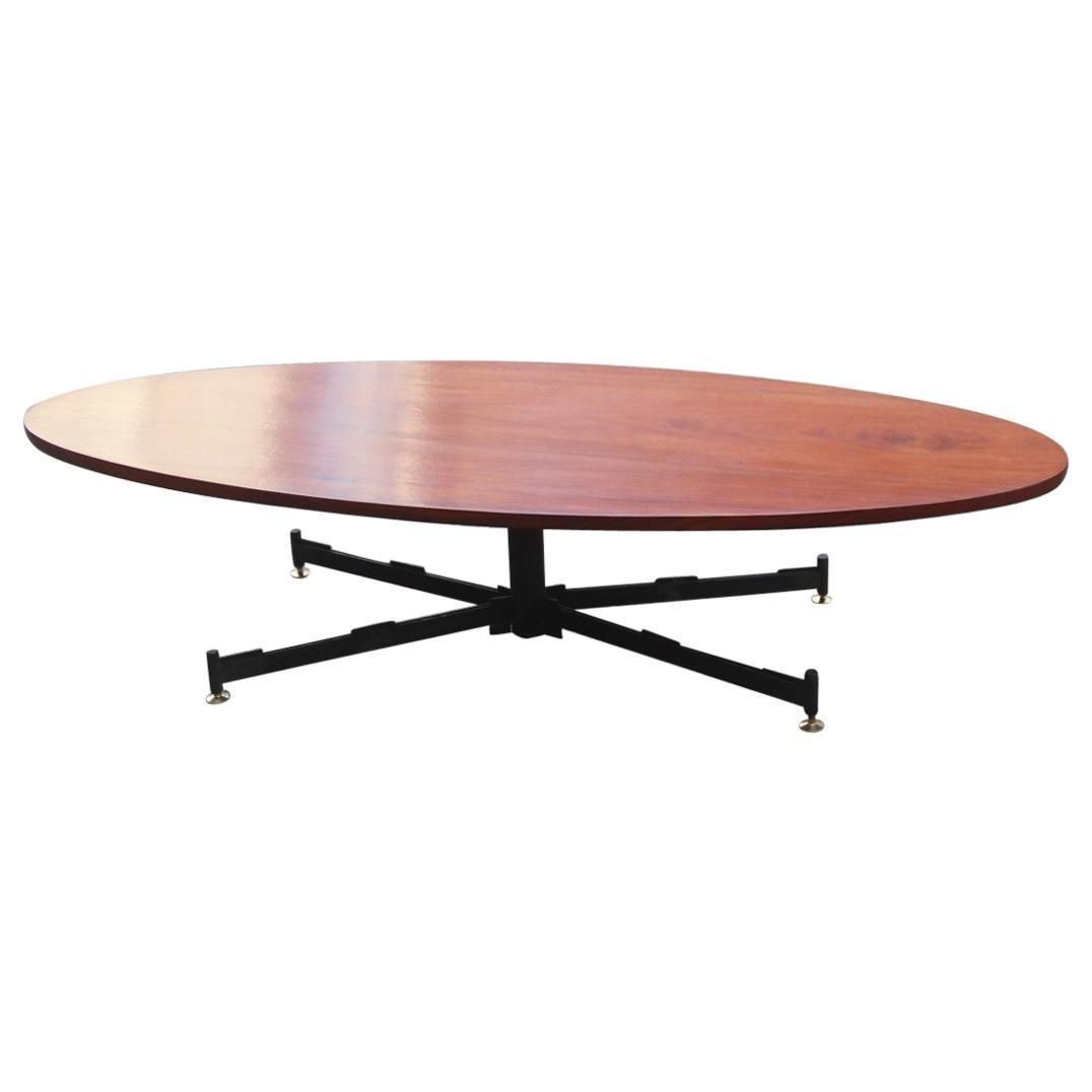 Oval Table Coffee Iron Wood Top Brass Feet Mid Century Modern 1950 Mahogany