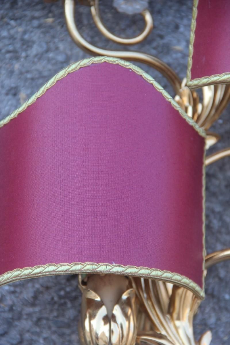 780.0 Sconce In Golden Brass With Flower Leaves And Gold And Bordeaux Crystals, 1970 photo