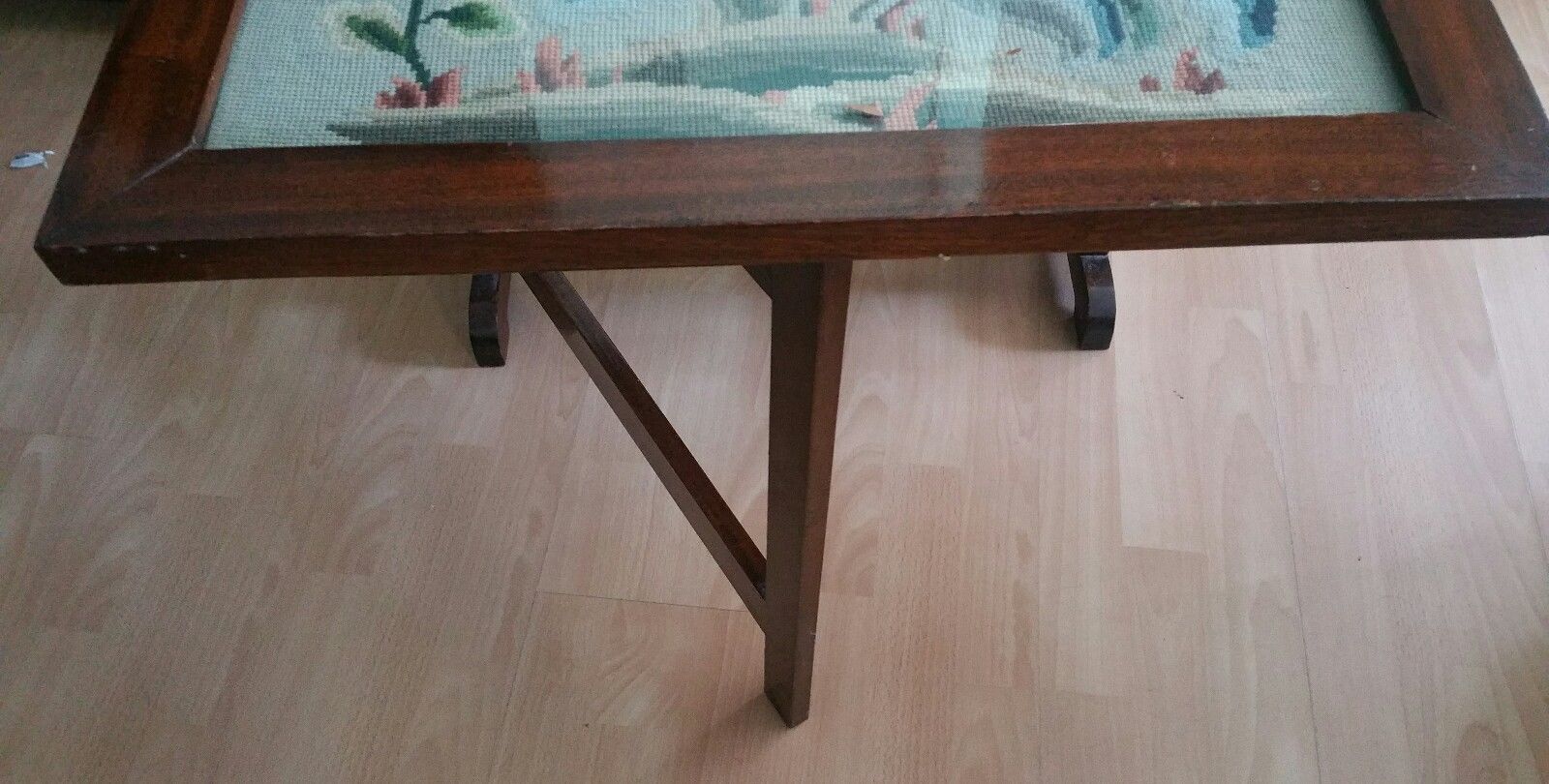 Vintage Wood Folding Table With Glass Top Covering Tapestry photo furniture