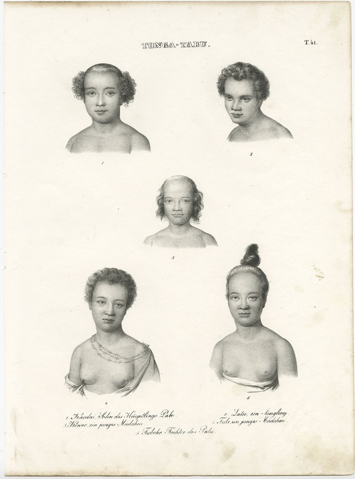 T. 41 Antique Print Of Inhabitants Of Tonga Tabu By Brodtmann (C.1836)