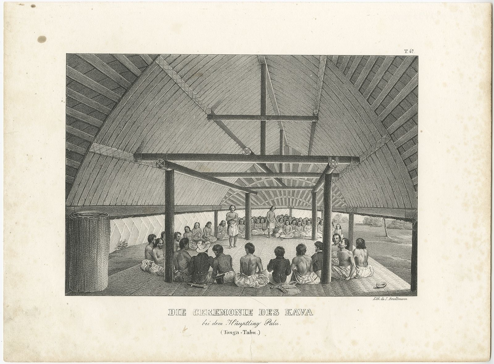Antique Print Of A Kava Ceremony On Tonga Tabu By Brodtmann (C.1836)