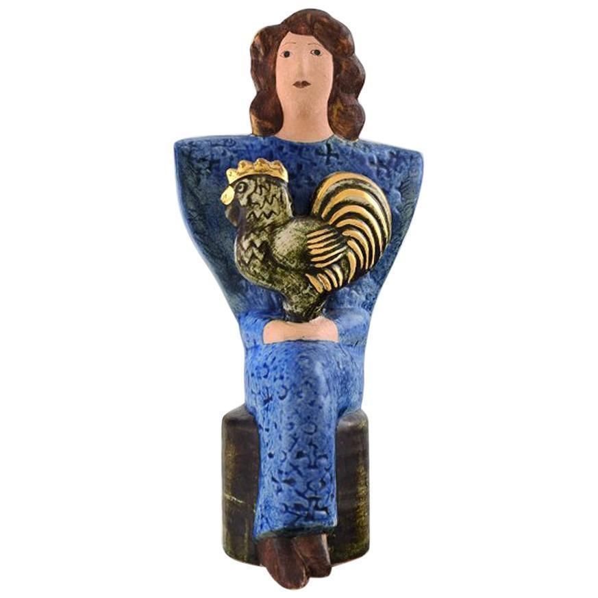 Very Rare Lisa Larson Unique Figure Of Sitting Woman In Blue With Golden Rooster