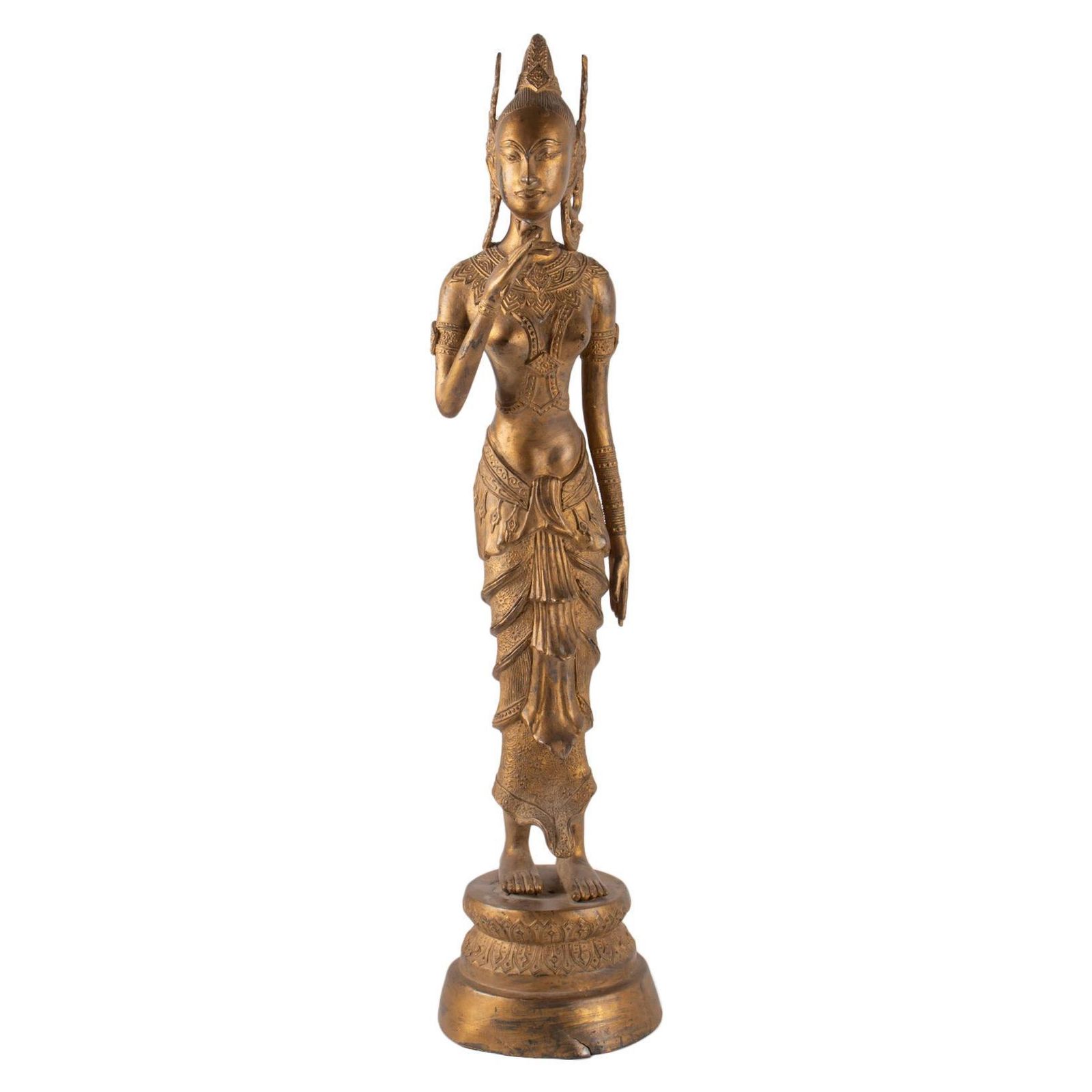 Indonesian Goddess In Gilded Metal Holding A Lotus Flower, 1920 1940
