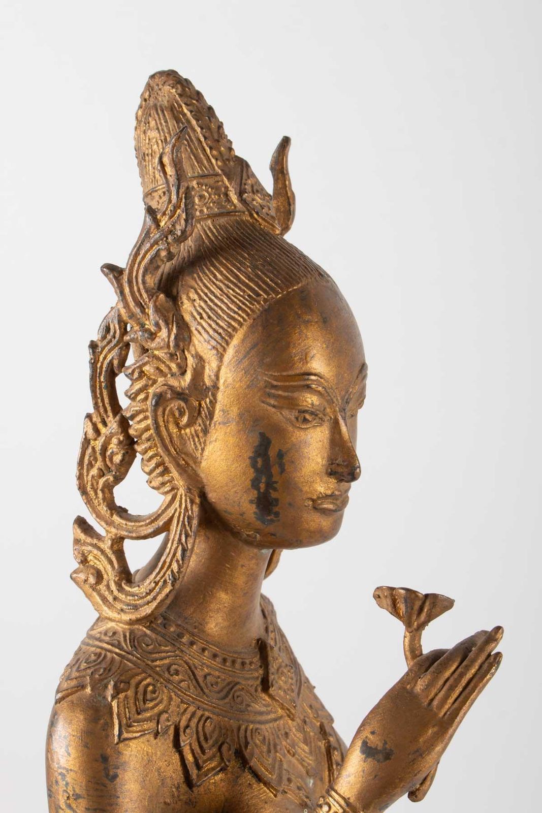 Indonesian Goddess In Gilded Metal Holding A Lotus Flower, 1920 1940 photo vinterior