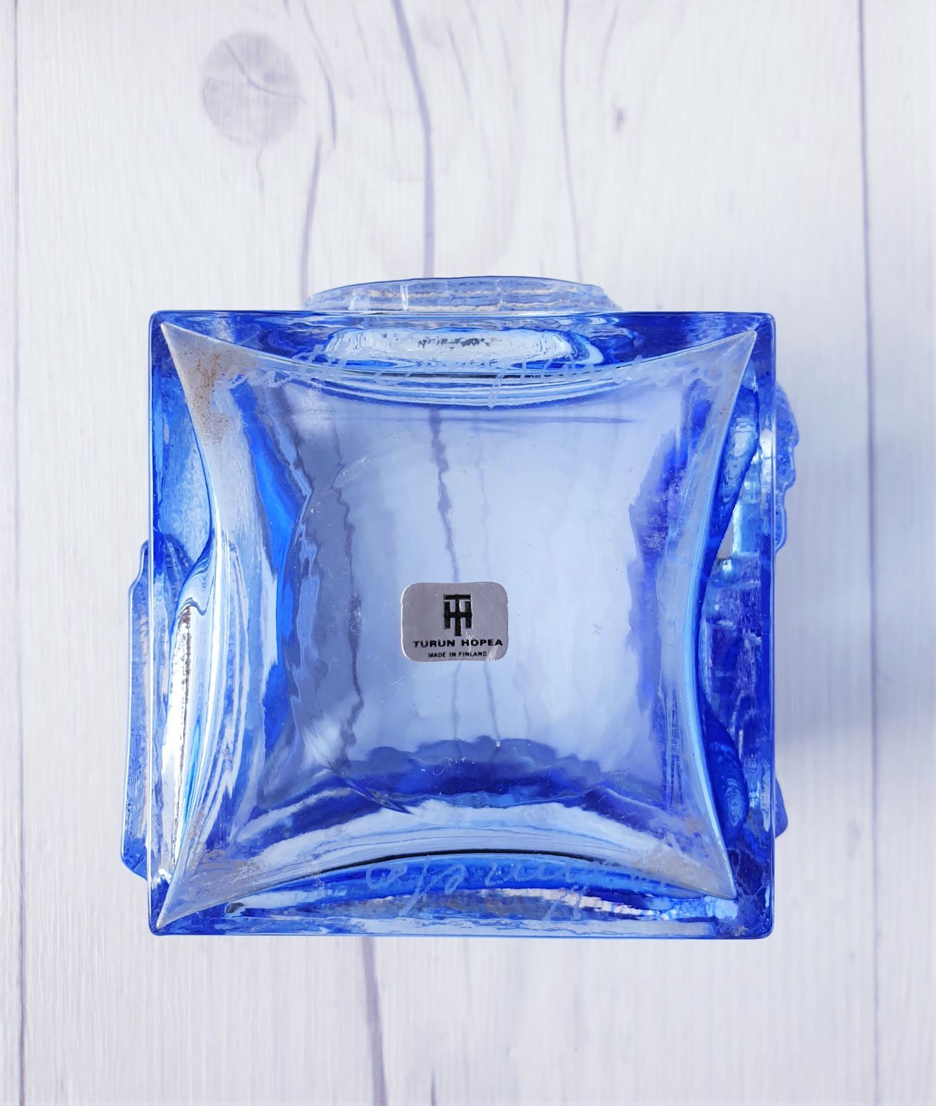 photo for sale Pentti Sarpaneva, Oy Kumela For Turun Hopea 1972 Modernist Silver And Blue Art Glass Vase, Finnish