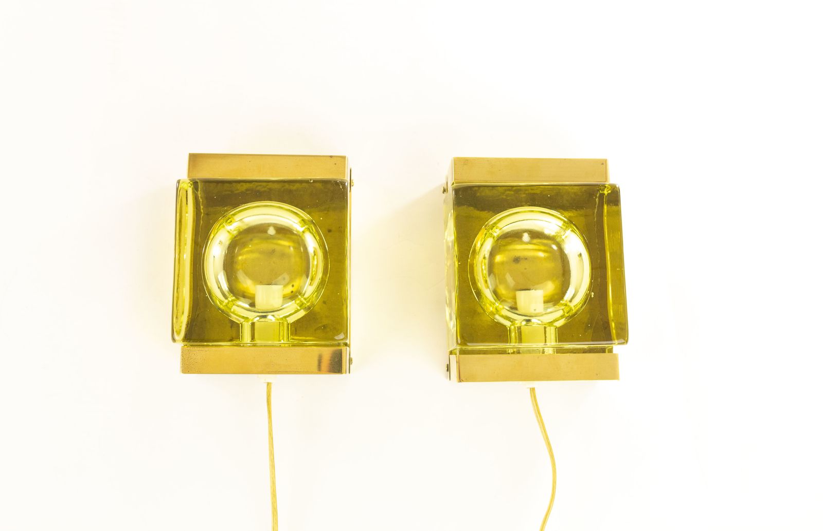 Pair Of Greenish Maritim Glass And Brass Wall Lamps By Vitrika, 1970s photo furniture