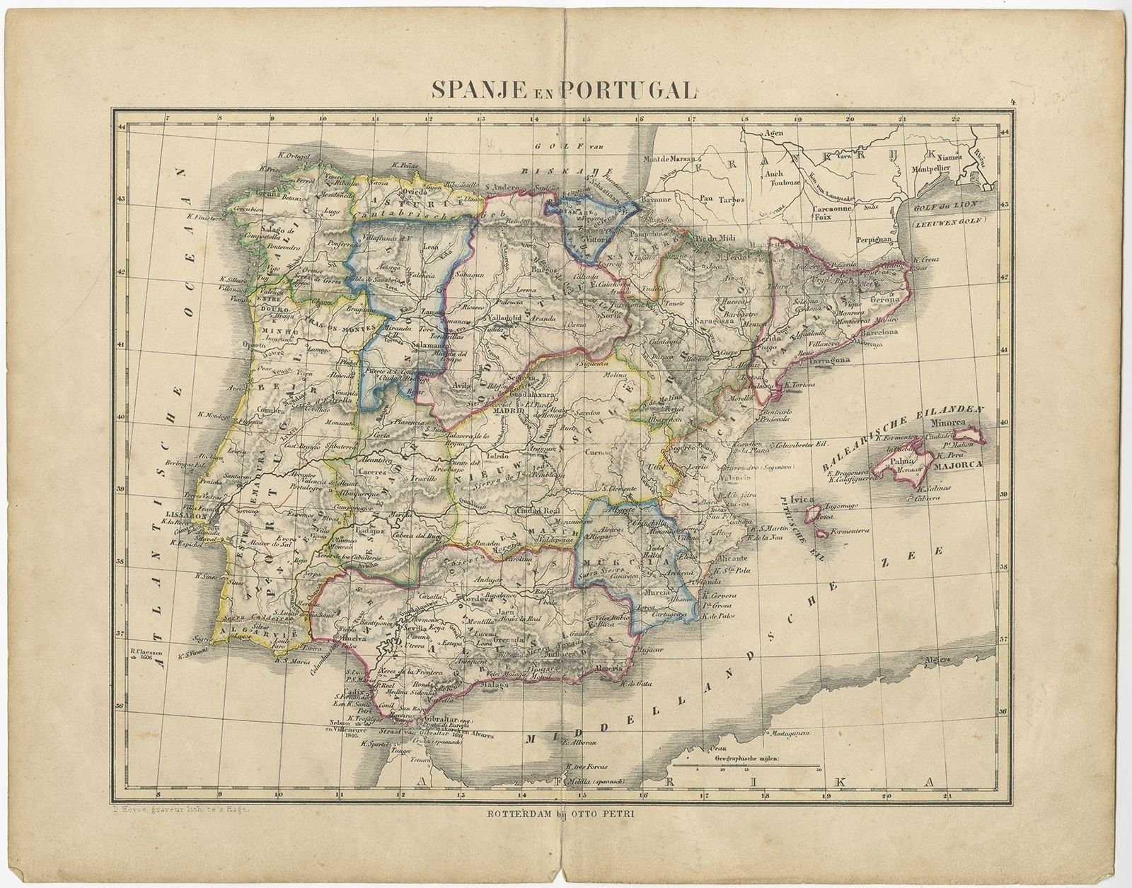 Antique Map Of Spain And Portugal By Petri (C.1873)