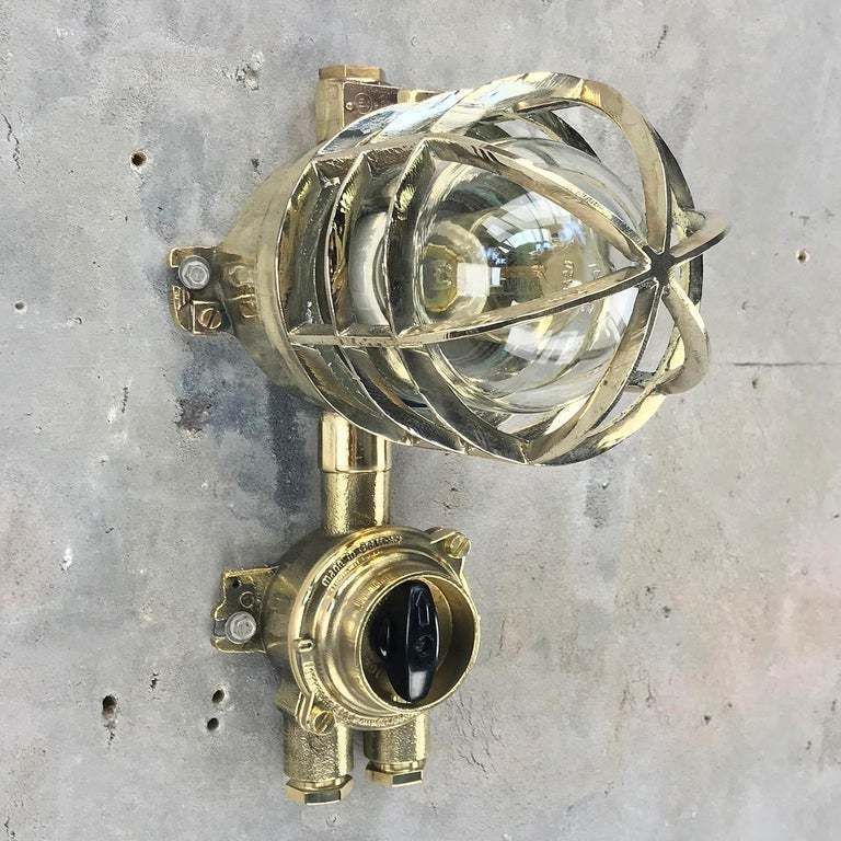 photo vinterior Vintage Industrial 1970s German Explosion Proof Wall Light   Cast Brass, Glass Shade & Rotary Switch