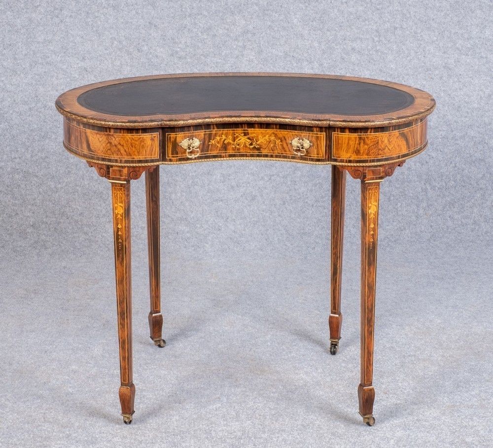 Fine Rosewood & Inlaid Kidney Shaped Writing Table