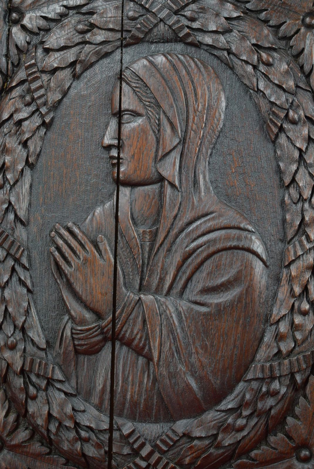 17th.C Virgin Mary Wood Carving Door photo for sale