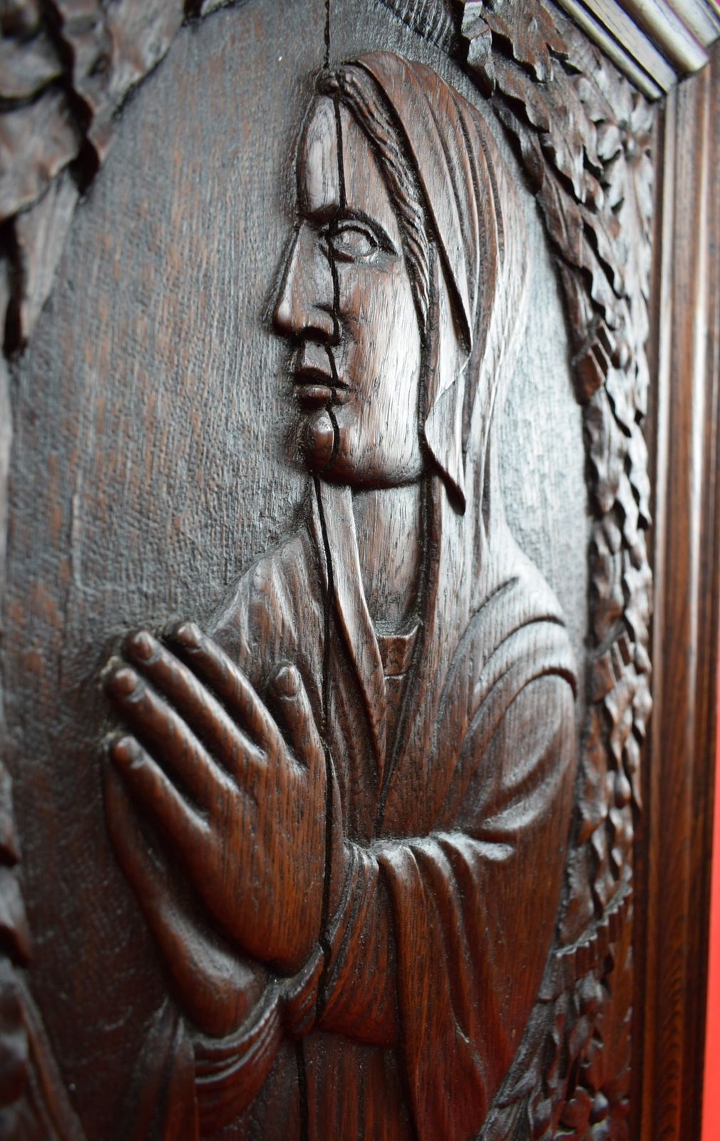 photo furniture 17th.C Virgin Mary Wood Carving Door