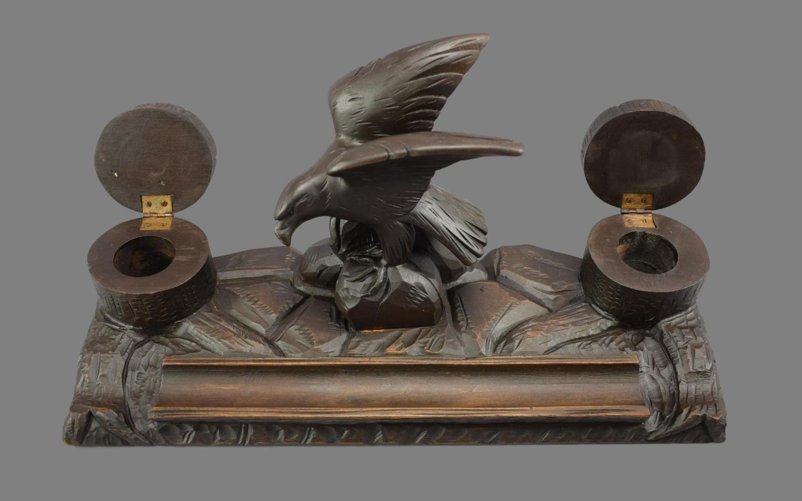 Black Forest Hand Carved Wood Eagle Double Inkwell Ink Stand photo Home Decor