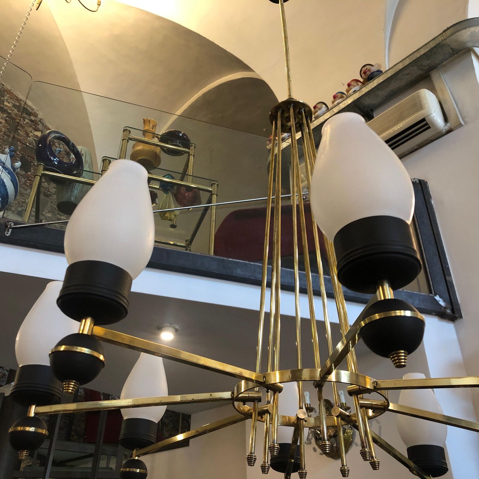 photo for sale Mid Century Modern Brass And Black Metal Chandelier In The Manner Of Giò Ponti