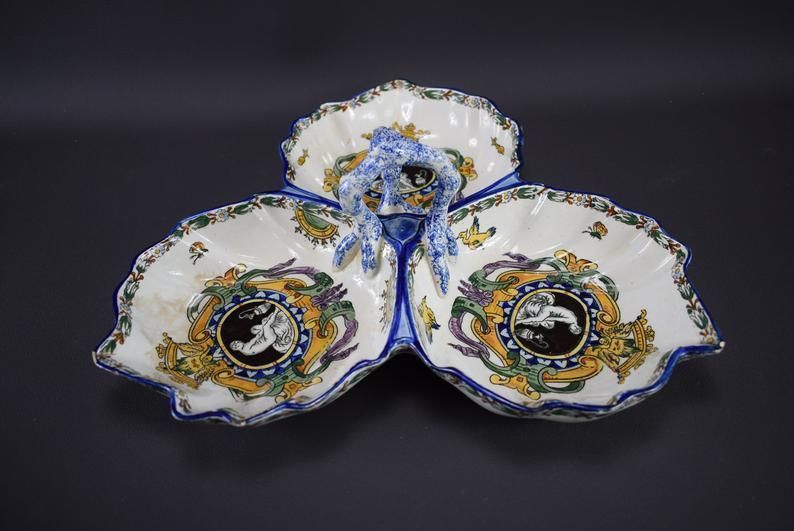 Gien Antique French Hand Painted Pottery Handled Bowl Serving Dish White Renaissance photo furniture
