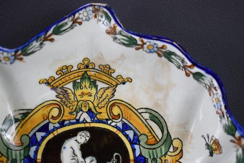Gien Antique French Hand Painted Pottery Handled Bowl Serving Dish White Renaissance photo vinterior