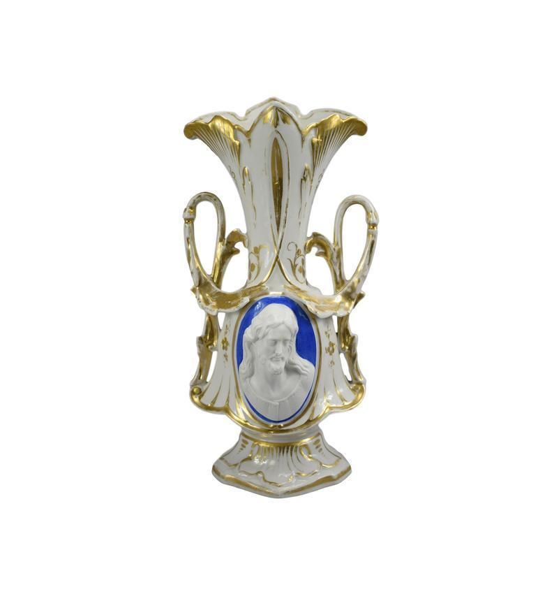 Porcelain Of Paris Gold Religious Vase With Jesus Christ Holy Face