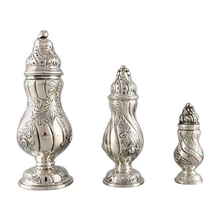 Set Of 3 Neo Rococo Sugar Castors In Silver Northern Europe, Early 20th Century