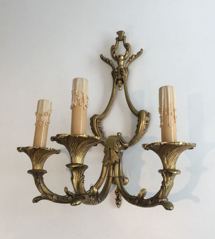 Pair Of Large Louis The 15th Style 3 Lights Bronze Sconces. French. Circa 1960 photo Lighting
