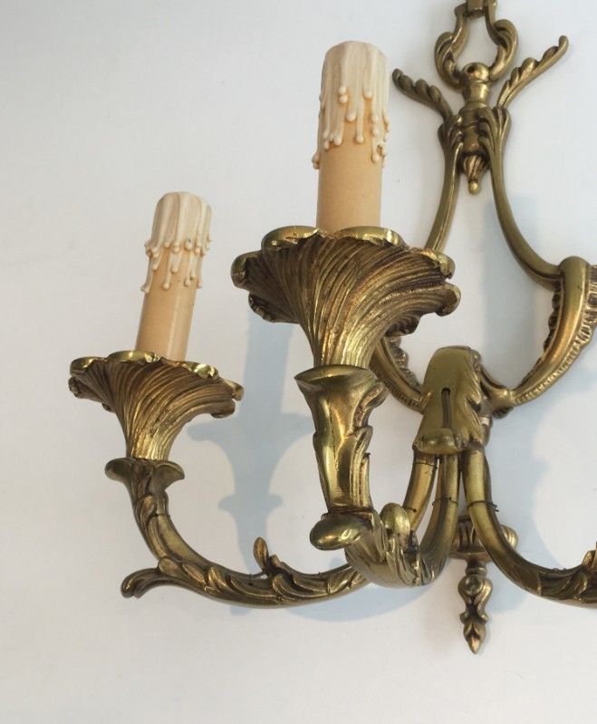 Pair Of Large Louis The 15th Style 3 Lights Bronze Sconces. French. Circa 1960 photo vinterior