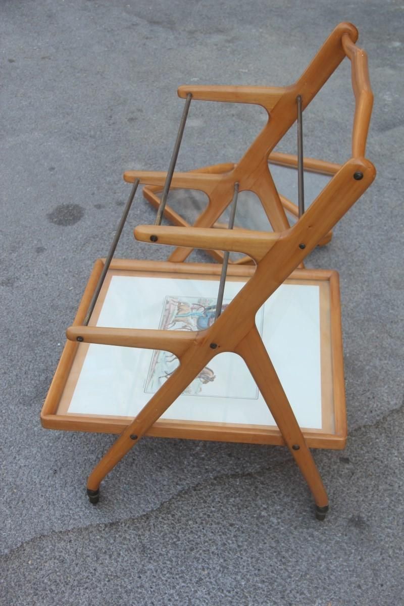 photo vinterior Midcentury Italian Bar Cart Casino By Cesare Lacca Maple Wood Brass Parts, 1950s