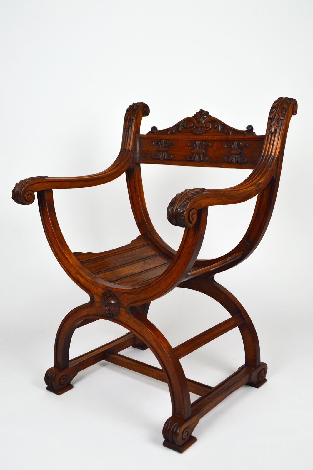 French Carved Walnut Curule Or Armchair, Renaissance Revival