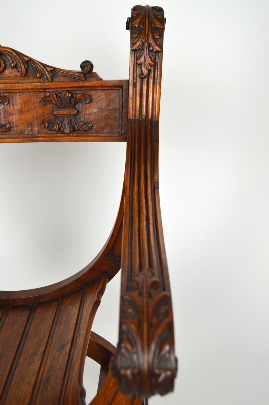 French Carved Walnut Curule Or Armchair, Renaissance Revival photo vinterior