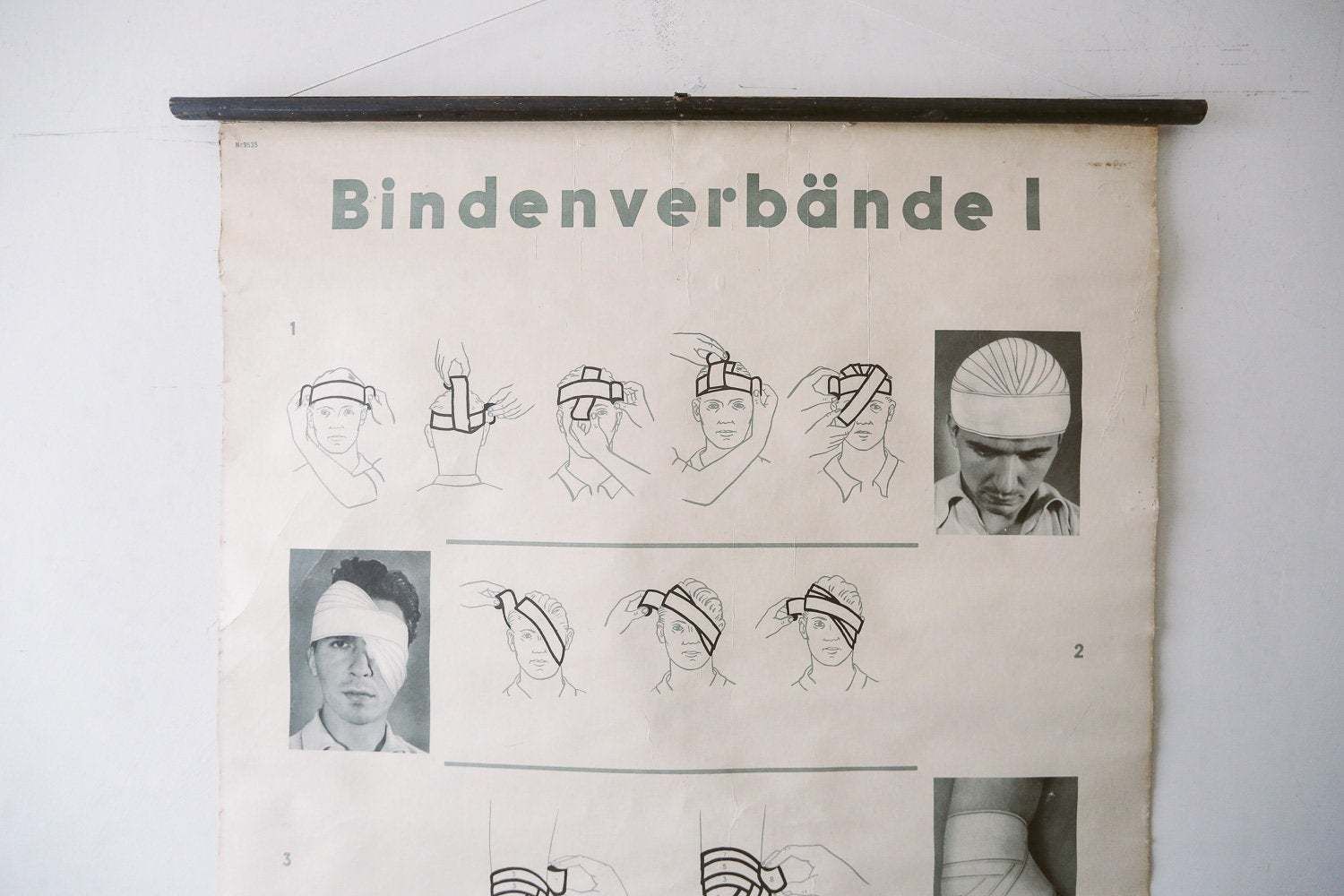 Original Medical Vintage German School Wall Chart Dressings Bandages Anatomy Beautiful Rare photo for sale