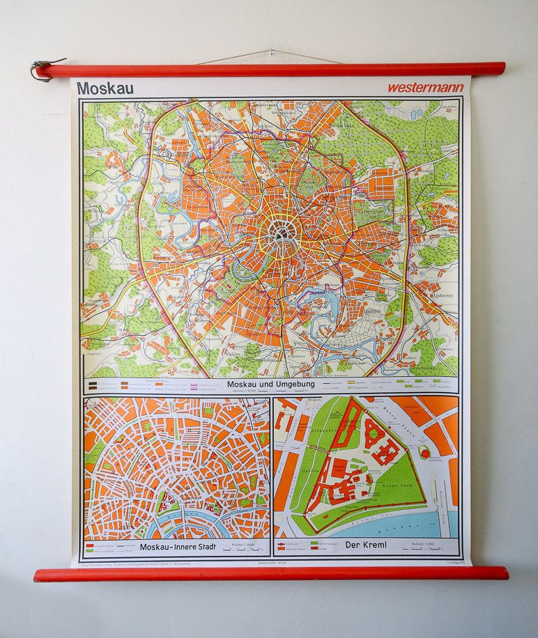 Original Huge Vintage German Educational School Wall Chart Moscow Mockba Map Geography Russia Soviet Union Beautiful Rare Westermann