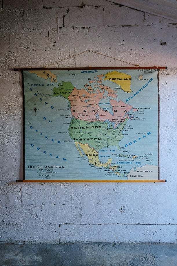 Original Huge Vintage Flemish Educational School Wall Chart North America USA Map Geography Hand Painted Beautiful Rare Canada Mexico