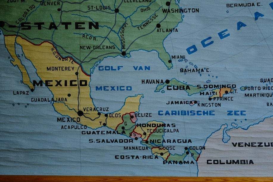 Original Huge Vintage Flemish Educational School Wall Chart North America USA Map Geography Hand Painted Beautiful Rare Canada Mexico photo 325.0
