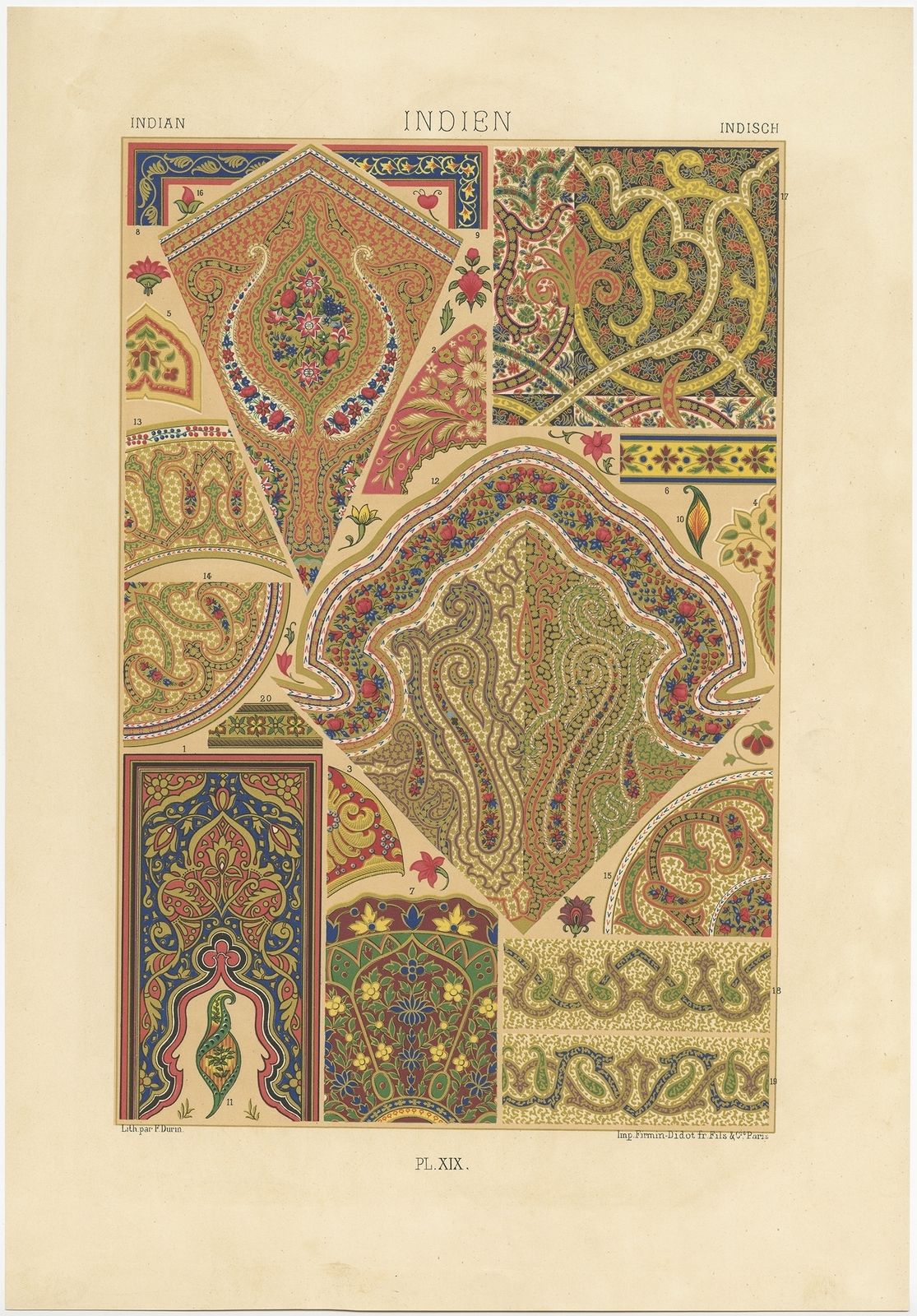 Pl. 19 Antique Print Of Indian Decorative Art By Rachinet (1869)