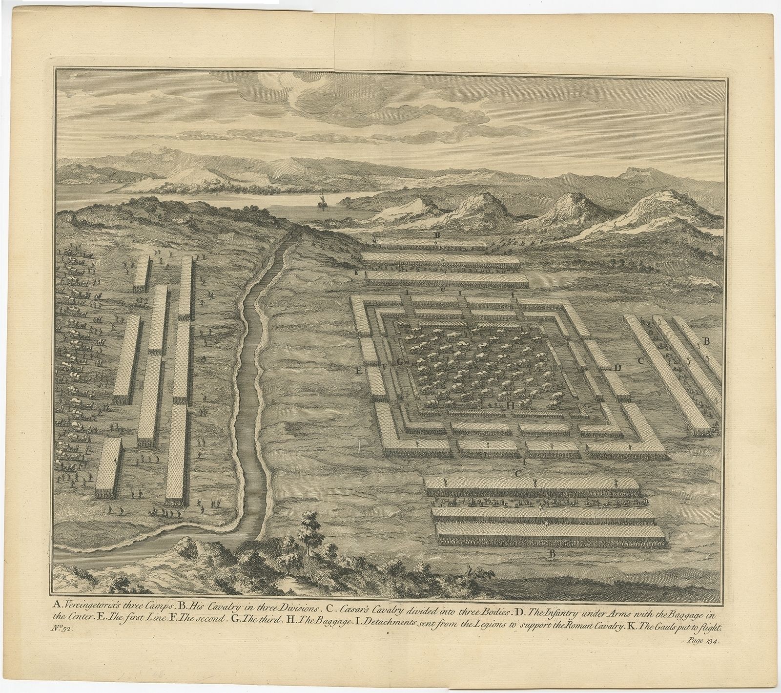 No. 52 Antique Print Of Vercingetorix's Three Camps By Duncan (C.1753)